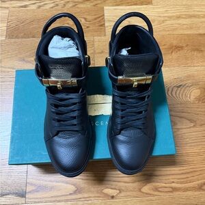 Buscemi Black Leather High-Top Sneakers with Gold Accents
